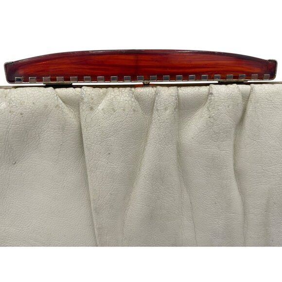 Vintage White Leather Clutch Purse Brown Lucite Handle & Gold Chain - Picture 8 of 13